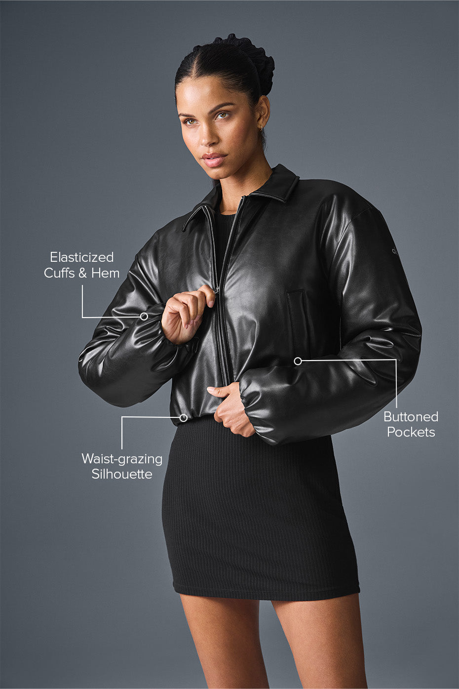 Premium Women’s Cropped Leather Bomber Jacket – Waist-Length Fit with Elastic Hem