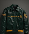 Uibok x Porsche Varsity Leather Jacket – Limited Edition Dark Green Bomber with Embroidered Porsche Crest & Retro Racing Details